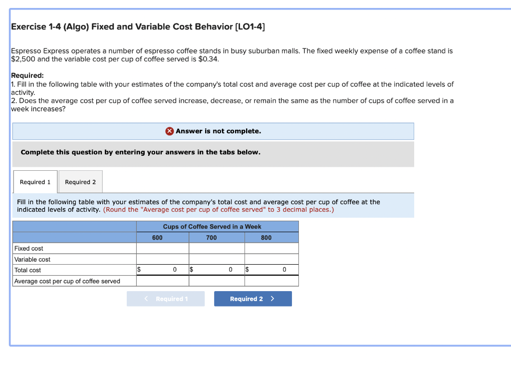 Exercise 1-4 (Algo) Fixed and Variable Cost Behavior [LO1-4] Espresso Express operates