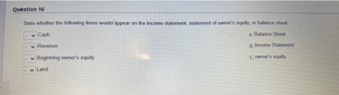 Question 16 State whether the following items would appear on the income