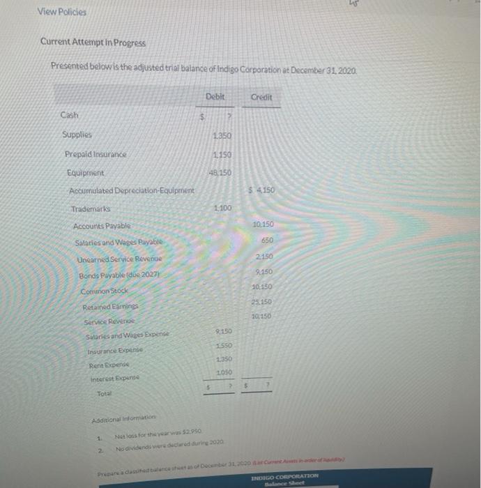 View Policies Current Attempt in Progress Presented below is the adjusted trial