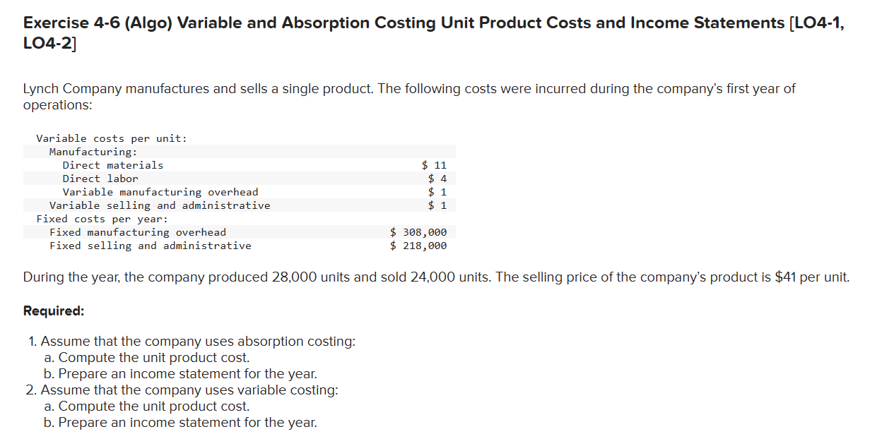 Exercise 4-6 (Algo) Variable and Absorption Costing Unit Product Costs and Income