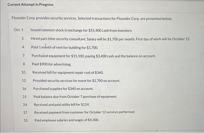 Current Attempt in Progress Flounder Corp. provides security services. Selected transactions for