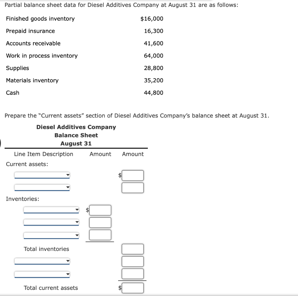 Partial balance sheet data for Diesel Additives Company at August 31 are