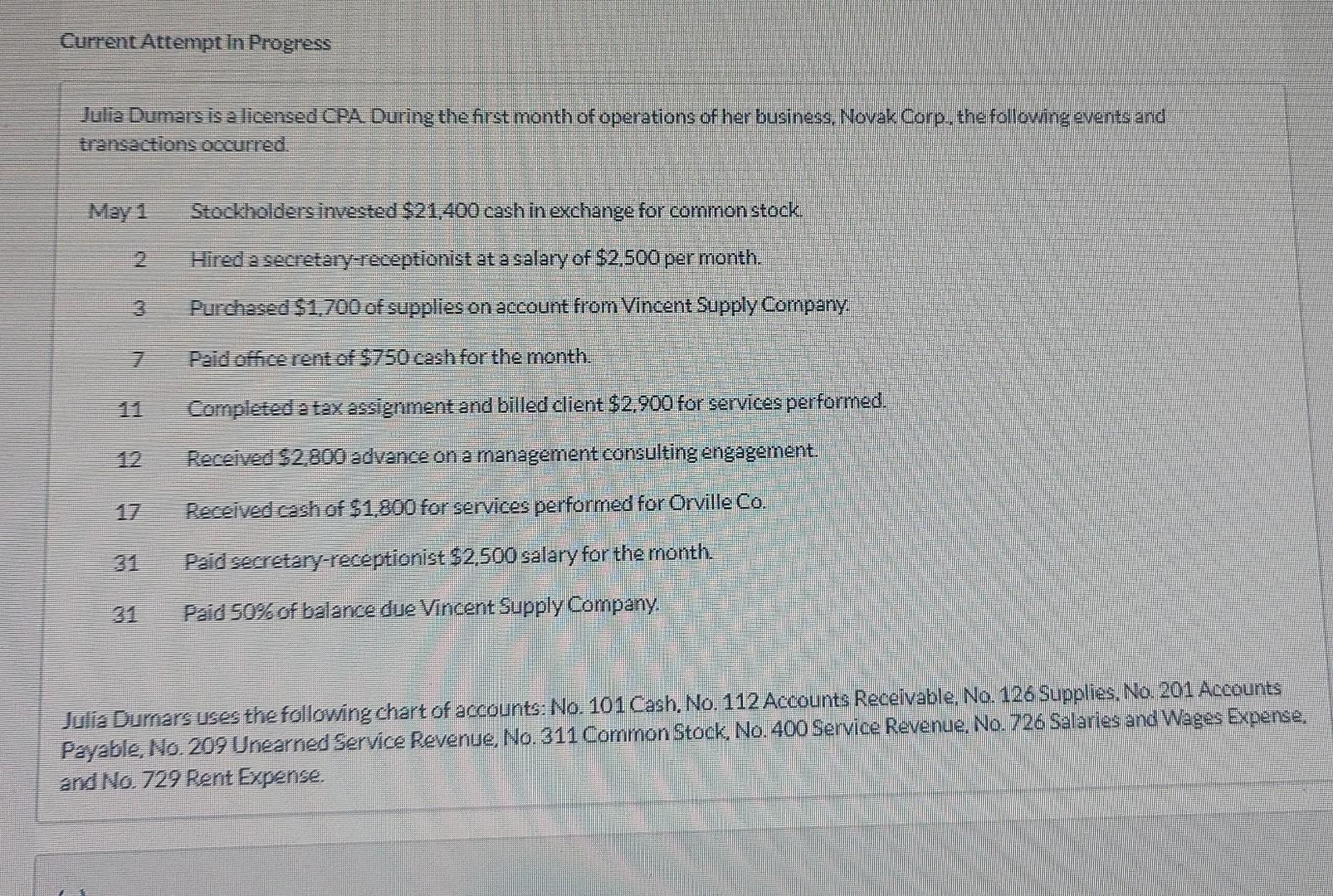 Current Attempt In Progress Julia Dumars is a licensed CPA. During the