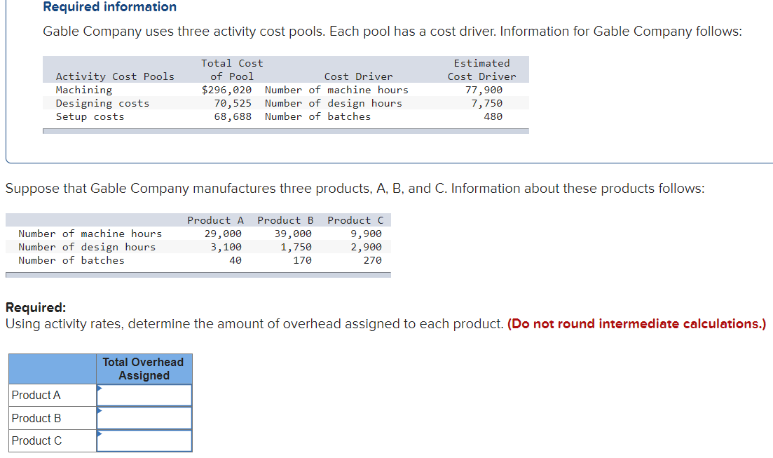 Required information Gable Company uses three activity cost pools. Each pool has