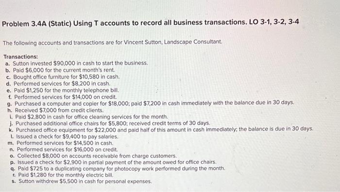Problem 3.4A (Static) Using T accounts to record all business transactions. LO