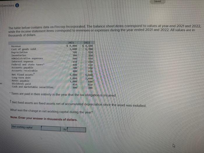 Exercises Saved The table below contains data on Fincorp Incorporated. The balance