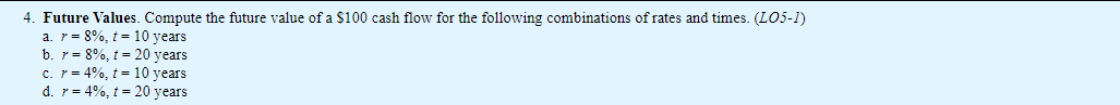4. Future Values. Compute the future value of a $100 cash flow
