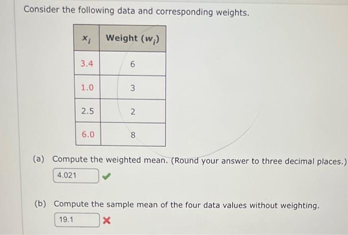 Consider the following data and corresponding weights. x Weight (w) 3.4 6
