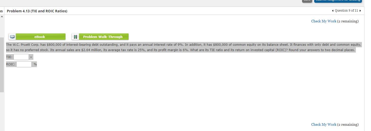 s Problem 4.13 (TIE and ROIC Ratios) eBook Problem Walk-Through Question 9