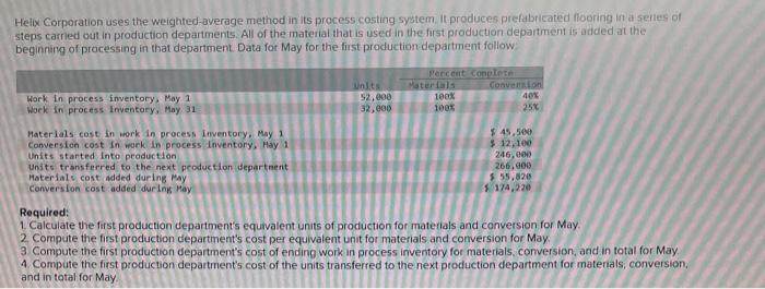 Helix Corporation uses the weighted-average method in its process costing system. It