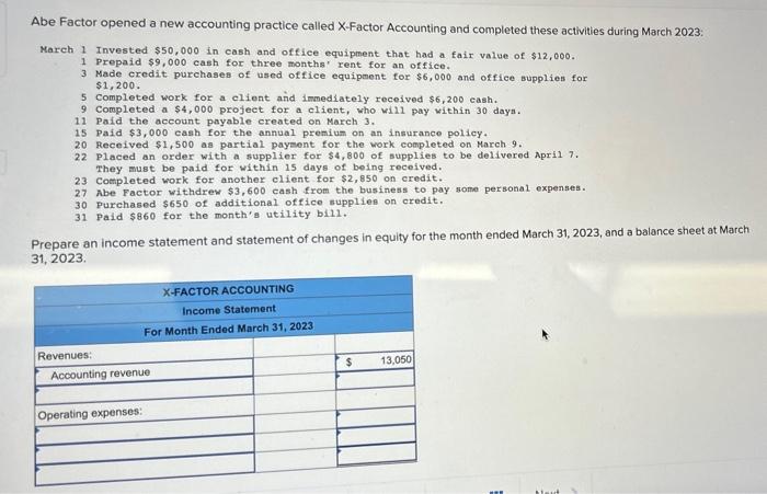 Abe Factor opened a new accounting practice called X-Factor Accounting and completed
