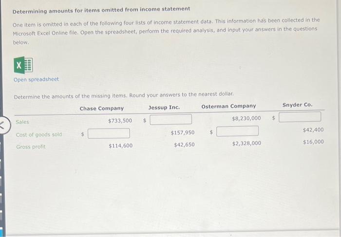 K Determining amounts for items omitted from income statement One item is