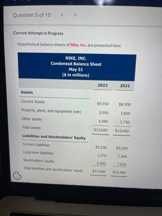 Question 5 of 10 < > Current Attempt in Progress Hypothetical balance