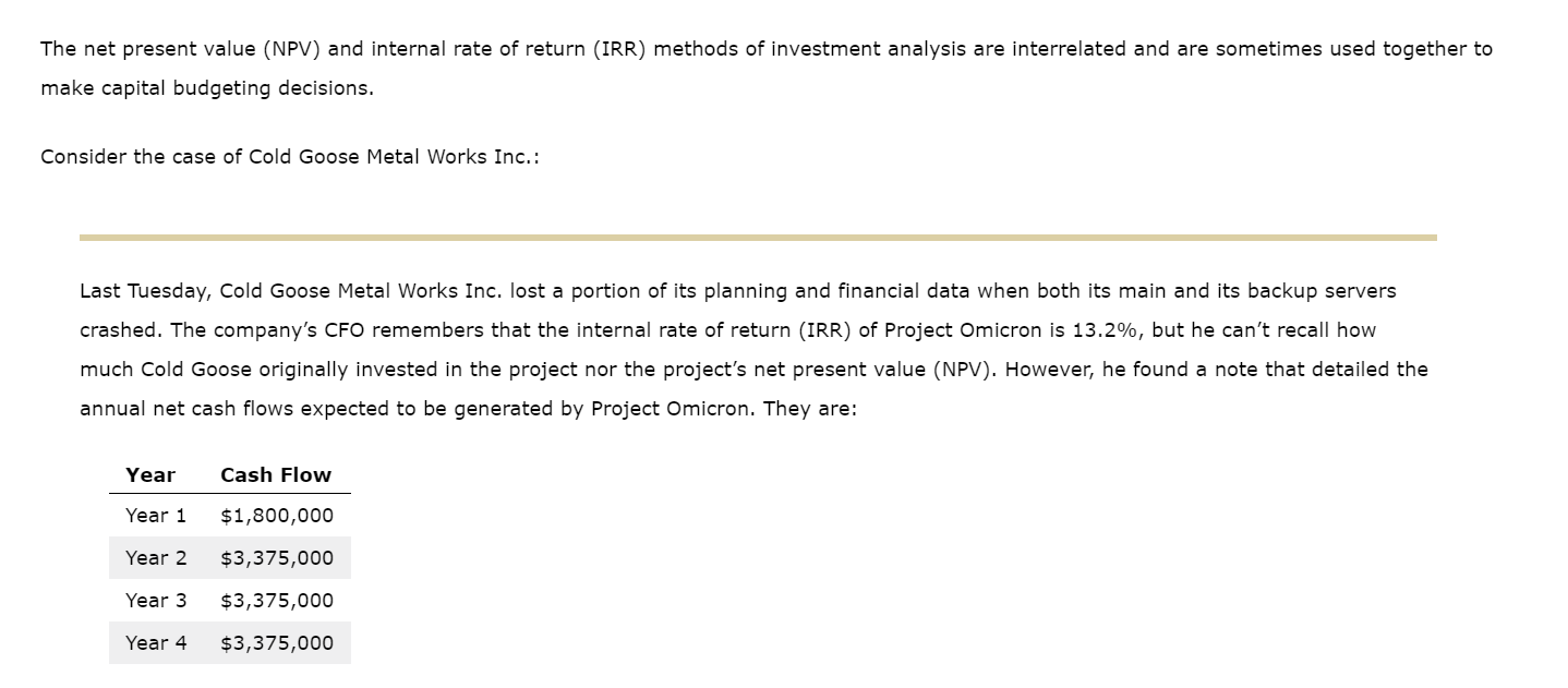 The net present value (NPV) and internal rate of return (IRR) methods