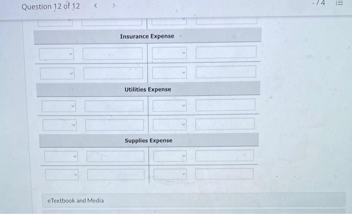 Salaries and Wages Payable, Depreciation Expense, Insurance Expense. Utilities Expense, and Supplies
