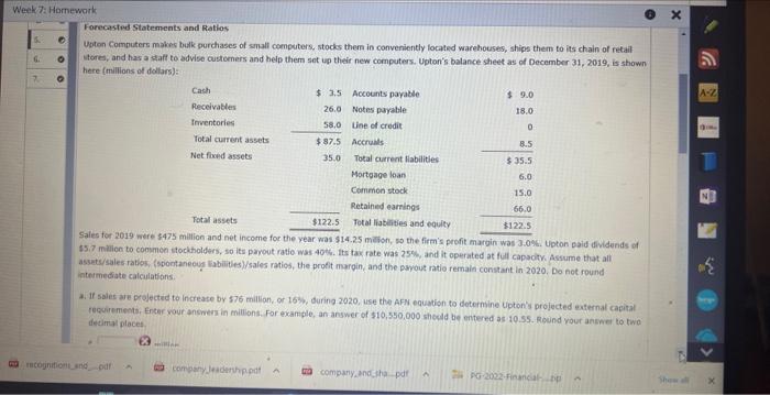 Week 7: Homework 6. Forecasted Statements and Ratios Upton Computers makes bulk