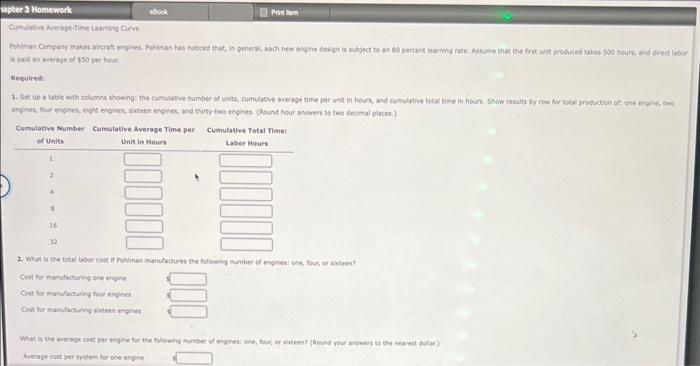 apter 3 Homework ebook Cumulative Average Time Learning Curve Pohman Company makes