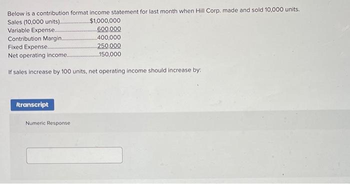 Below is a contribution format income statement for last month when Hill
