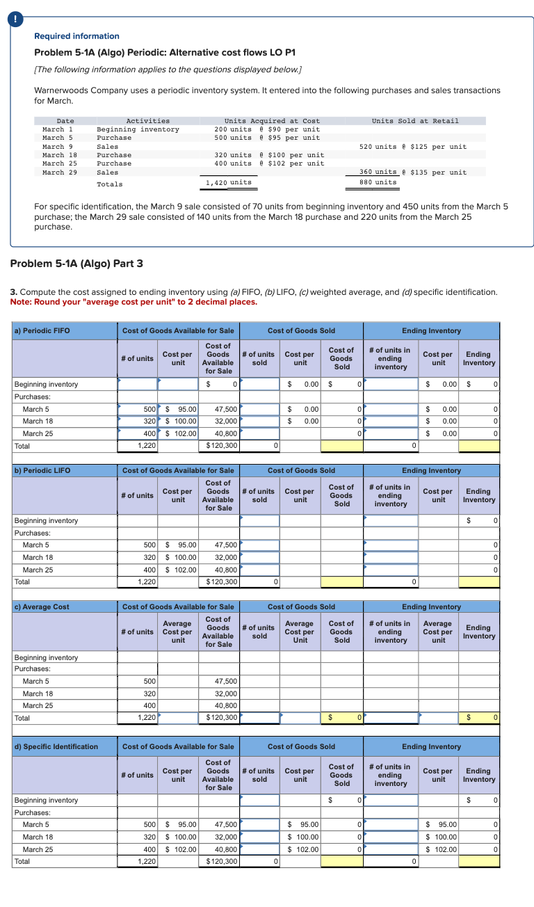 ! Required information Problem 5-1A (Algo) Periodic: Alternative cost flows LO P1