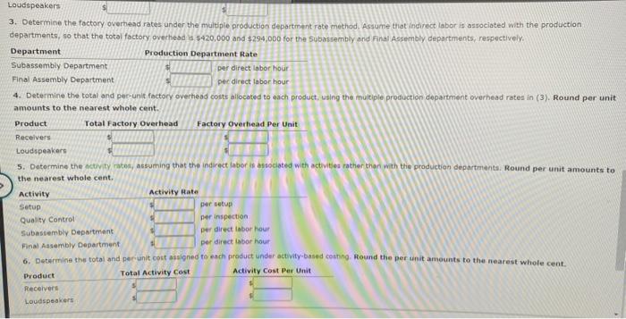 overhead incurred is as follows: Indirect labor Subassembly Department Final Assembly Department