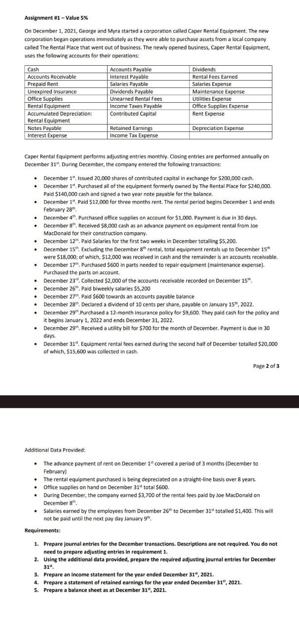 Assignment #1-Value 5% On December 1, 2021, George and Myra started a