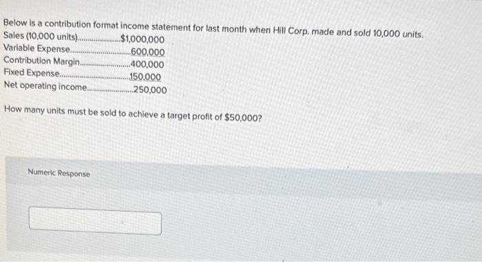 Below is a contribution format income statement for last month when Hill