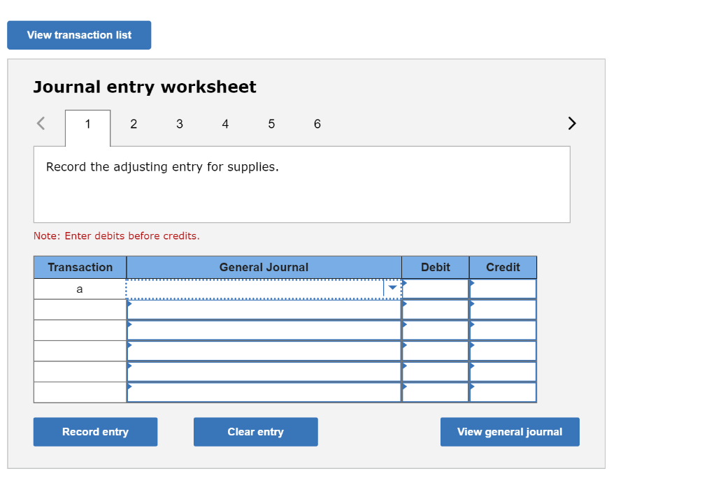 View transaction list Journal entry worksheet 1 2 3 4 5 6
