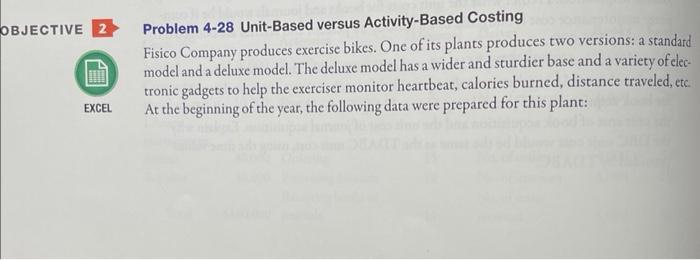 OBJECTIVE 2 EXCEL Problem 4-28 Unit-Based versus Activity-Based Costing Fisico Company produces