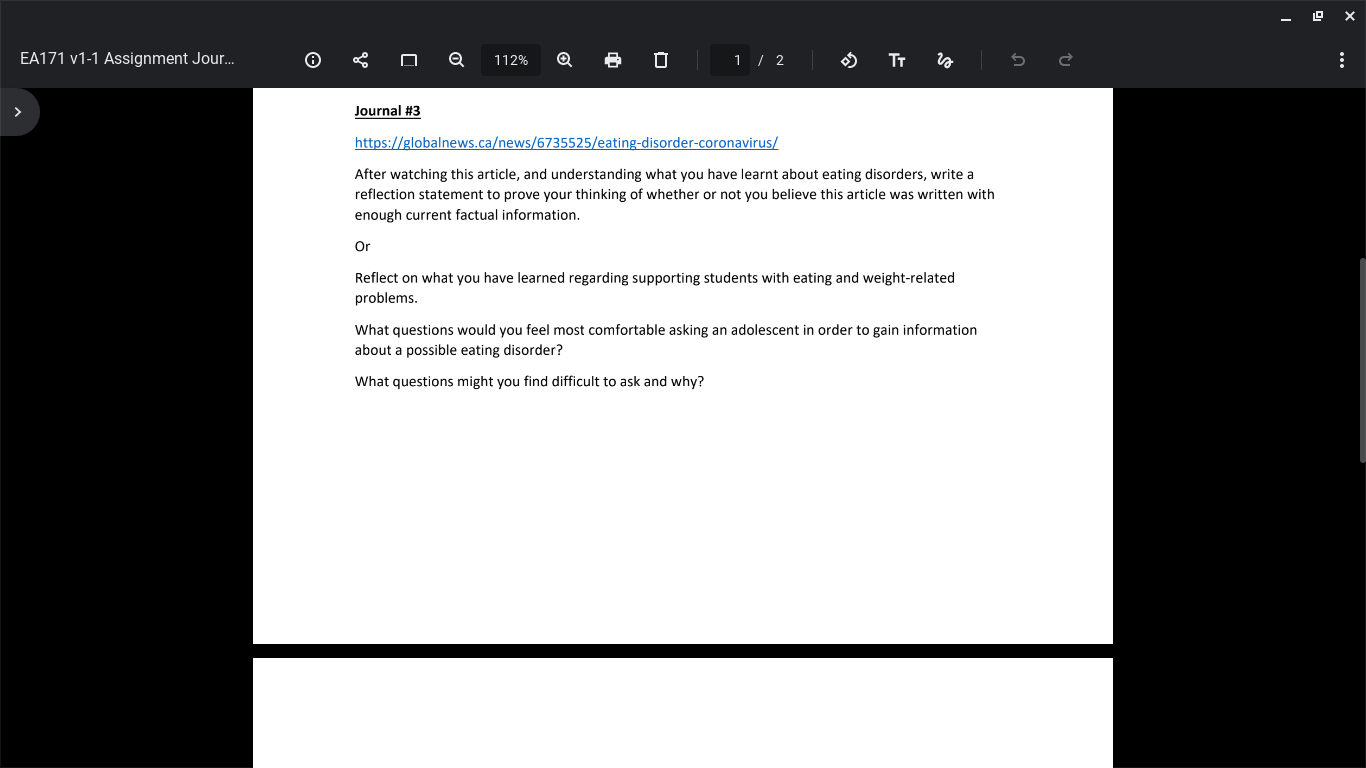 Journals Journal are answered in an informal reflective writing format. Each journal