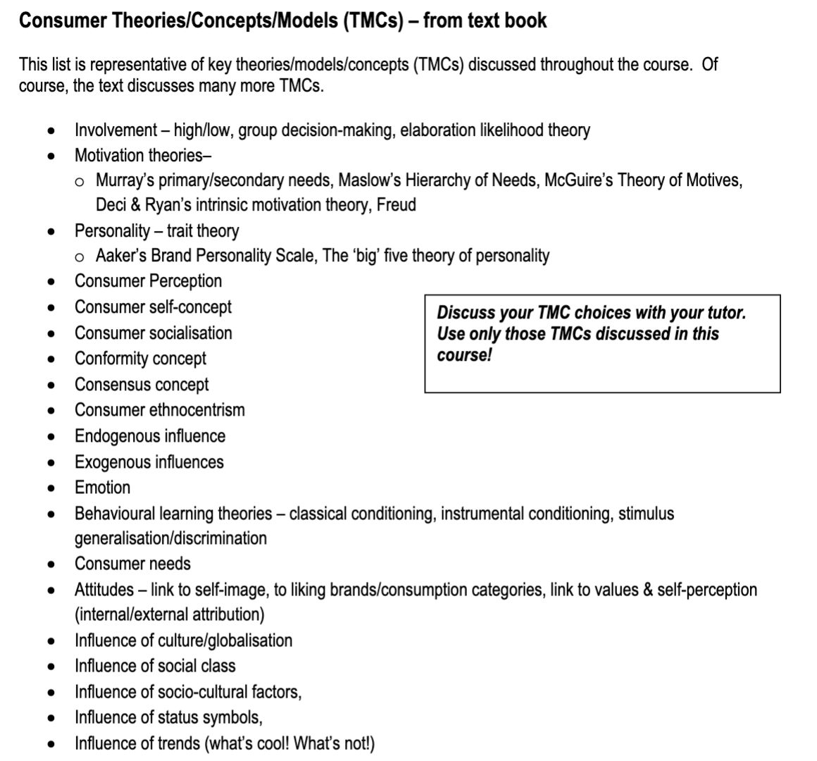 - Consumer Theories/Concepts/Models (TMCs) from text book This list is representative of