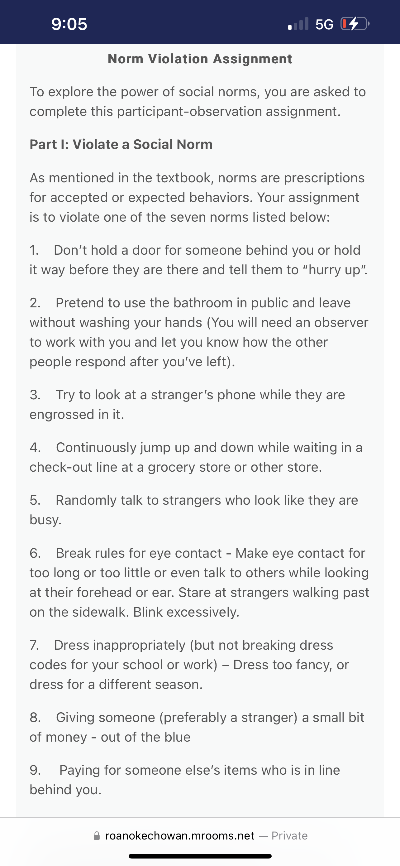 9:05 Ill 5G 4 Norm Violation Assignment To explore the power of