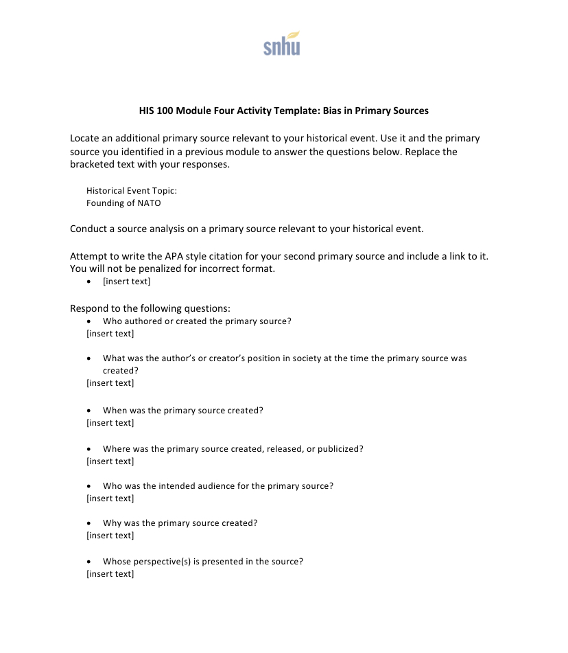 snhu HIS 100 Module Four Activity Template: Bias in Primary Sources Locate