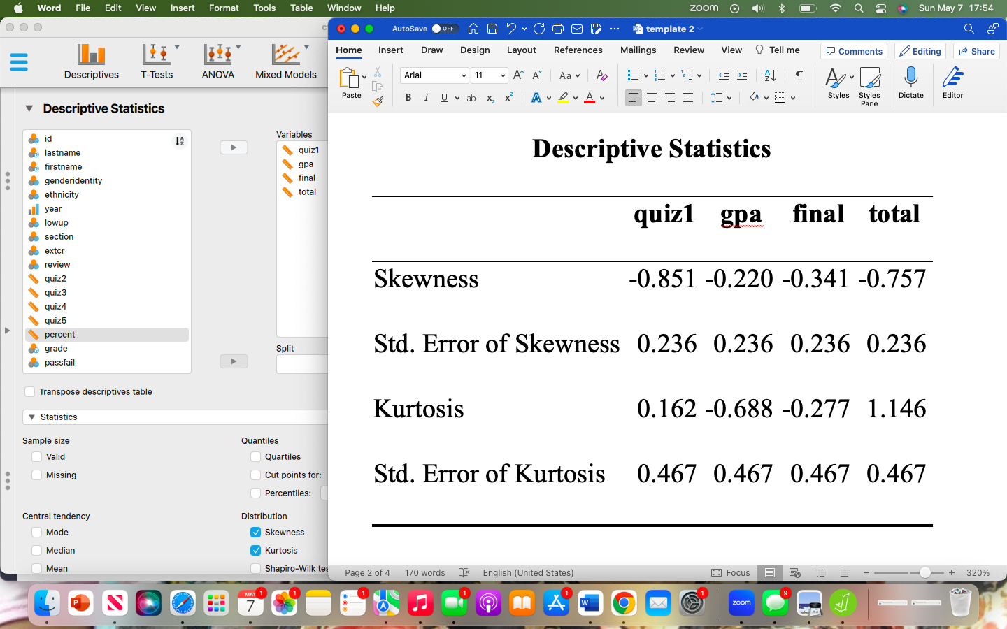 Word File Edit View Insert Format Tools Table Window Help Descriptives T-Tests