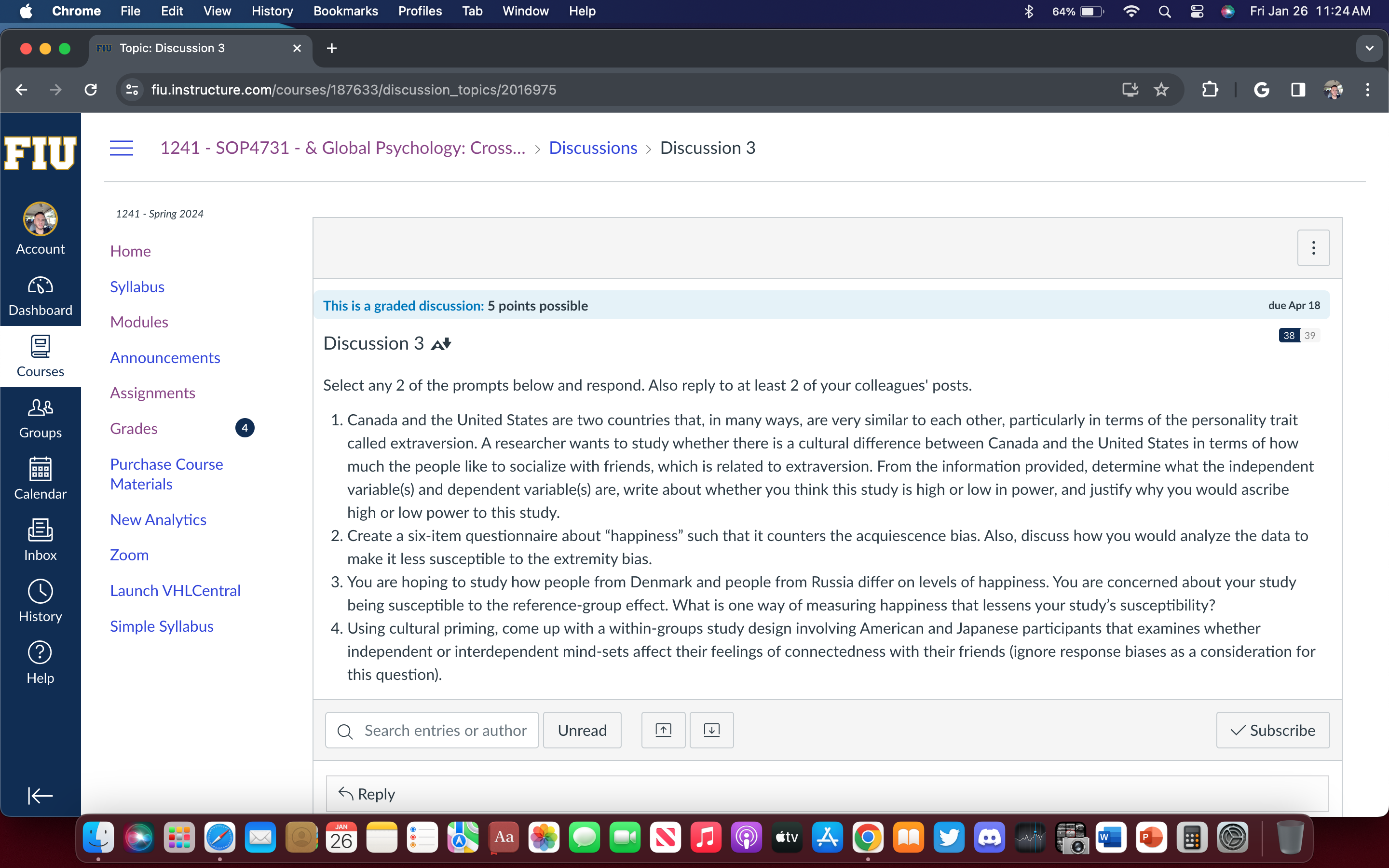 Chrome File Edit View History Bookmarks Profiles Tab Window Help + fiu.instructure.com/courses/187633/discussion_topics/2016975