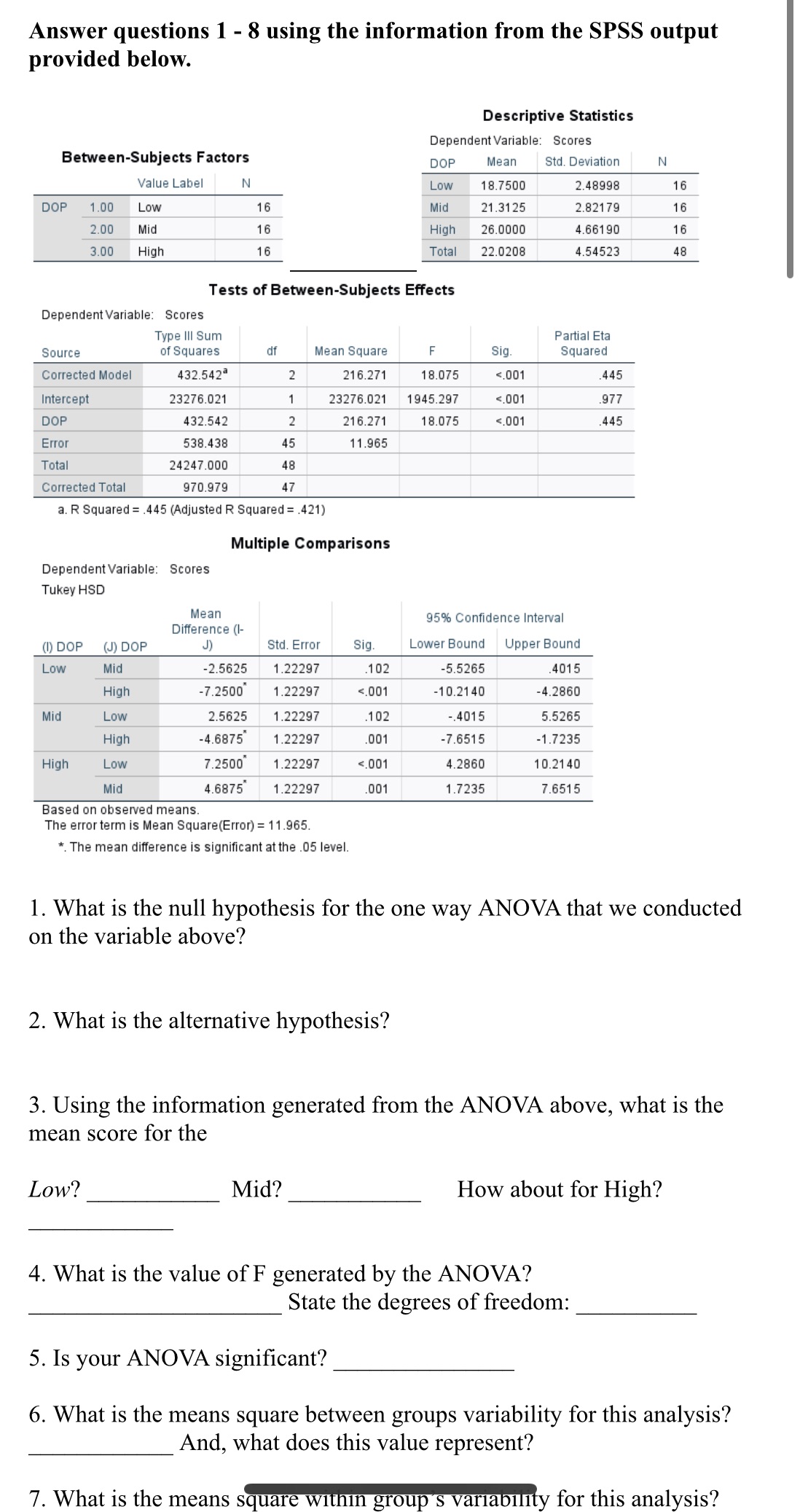 Answer questions 1 - 8 using the information from the SPSS output