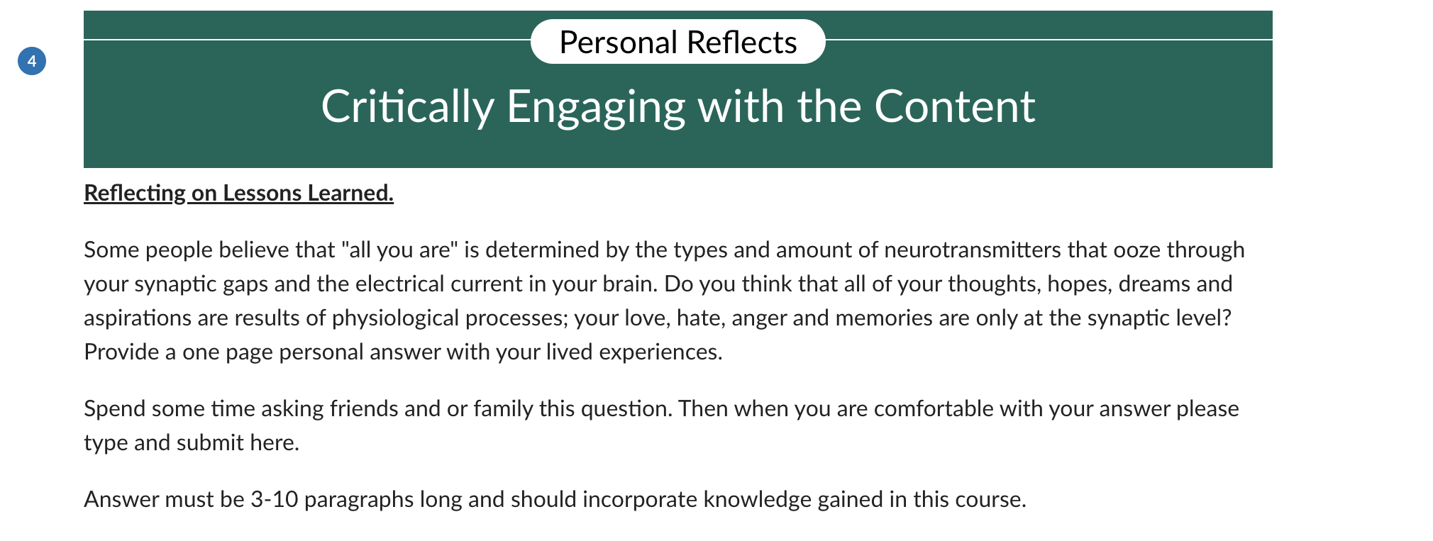 4 Personal Reflects Critically Engaging with the Content Reflecting on Lessons Learned.