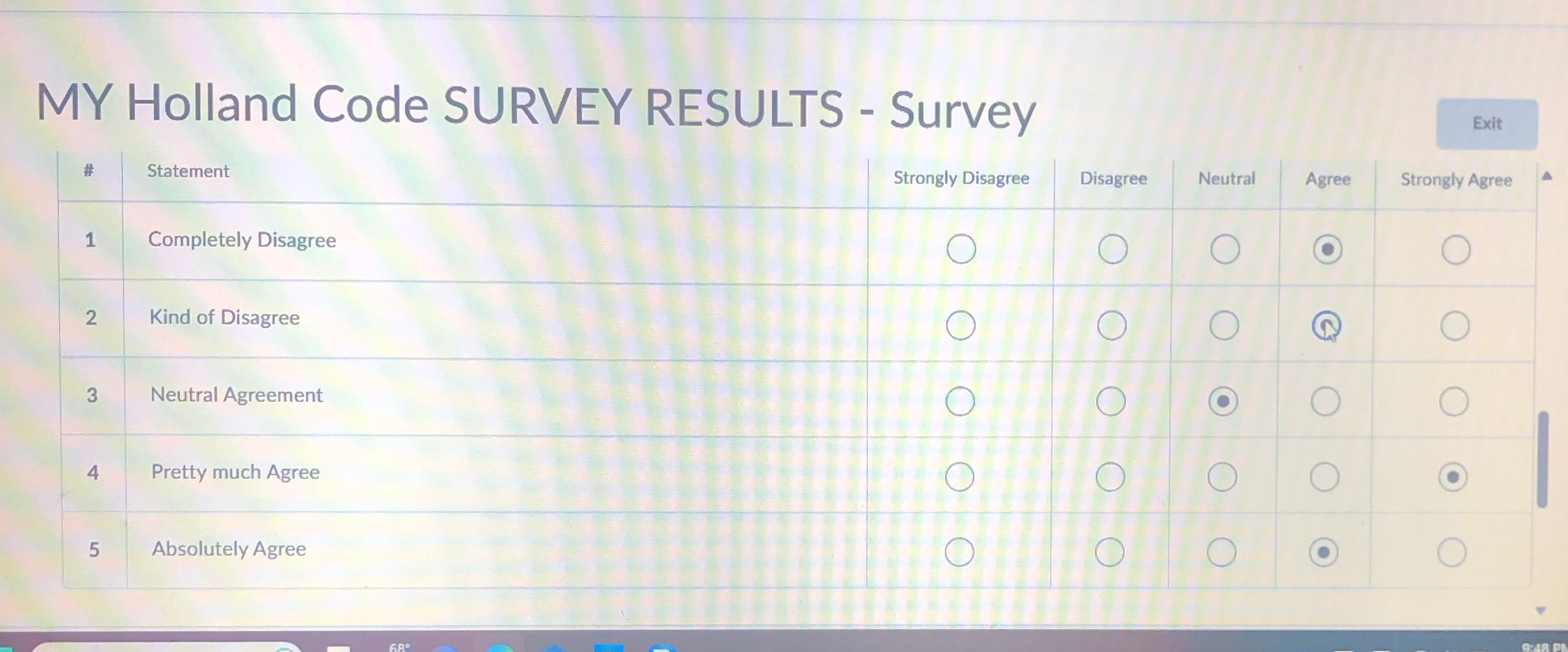 MY Holland Code SURVEY RESULTS - Survey Statement 1 Completely Disagree 2