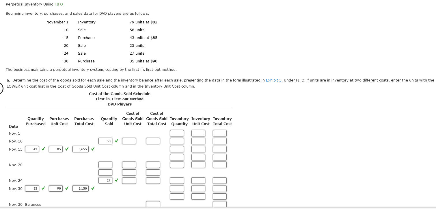Perpetual Inventory Using FIFO November 1 10 Beginning inventory, purchases, and sales