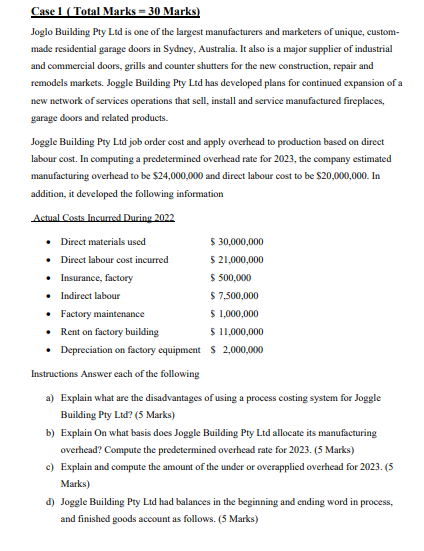 Case 1 (Total Marks = 30 Marks) Joglo Building Pty Ltd is