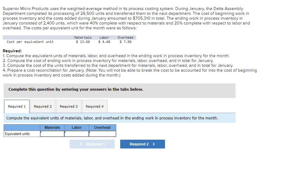 Superior Micro Products uses the weighted-average method in its process costing system.