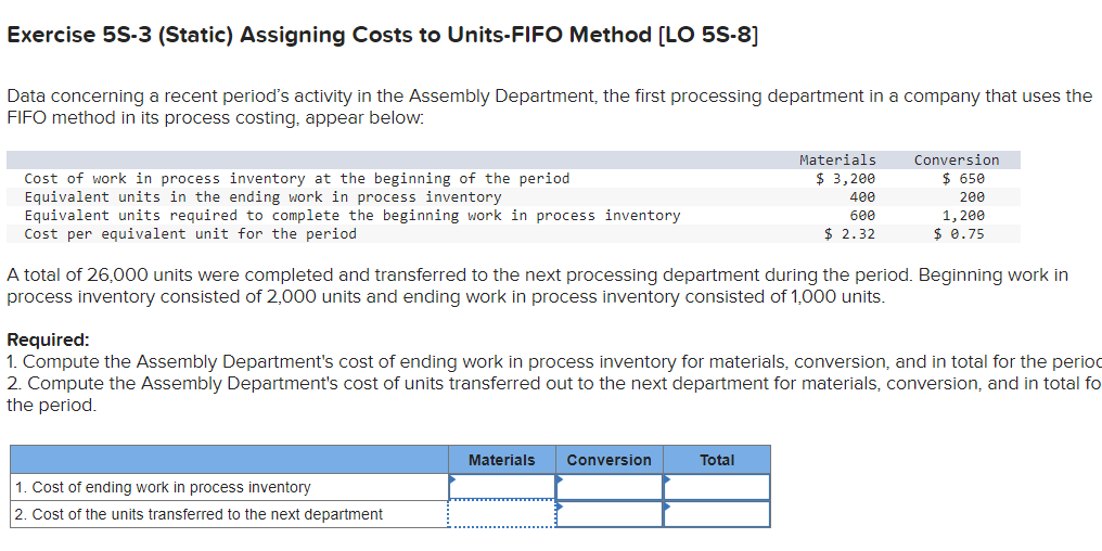 Exercise 5S-3 (Static) Assigning Costs to Units-FIFO Method [LO 5S-8] Data concerning