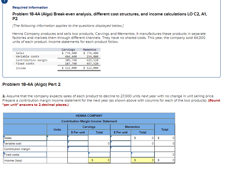 Required Information Problem 18-4A (Algo) Break-even analysis, different cost structures, and income