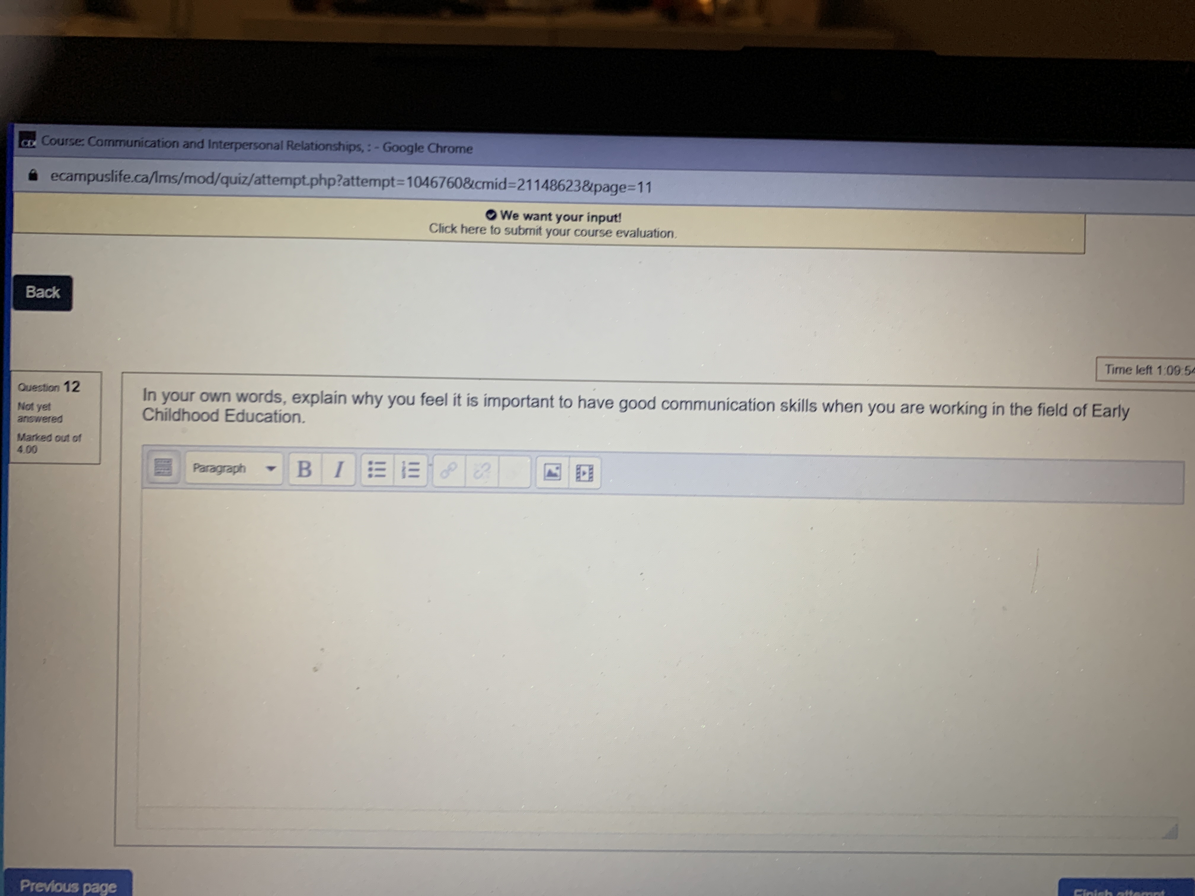 Co Course: Communication and Interpersonal Relationships, : - Google Chrome ecampuslife.ca/lms/mod/quiz/attempt.php?attempt=1046760&cmid=21148623&page=11 Back