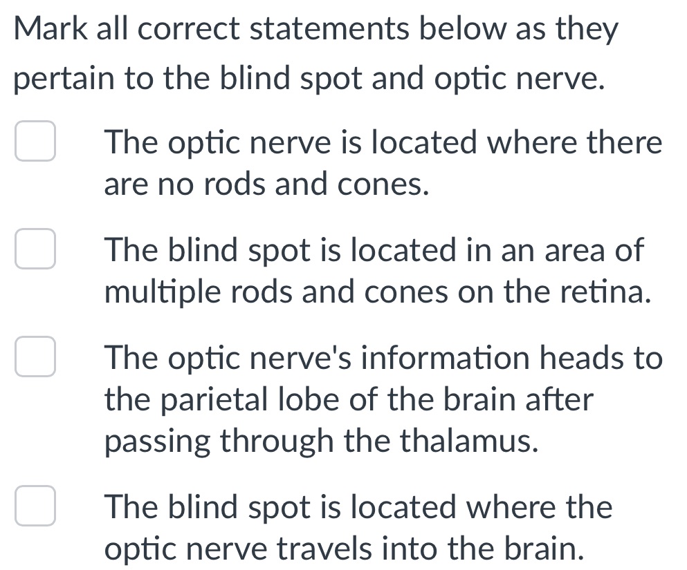 Mark all correct statements below as they pertain to the blind spot