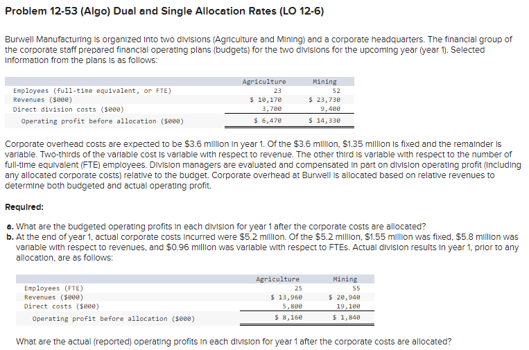 Problem 12-53 (Algo) Dual and Single Allocation Rates (LO 12-6) Burwell Manufacturing