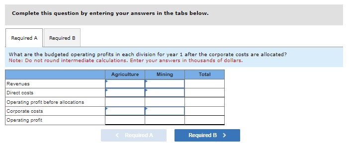 is organized into two divisions (Agriculture and Mining) and a corporate headquarters.