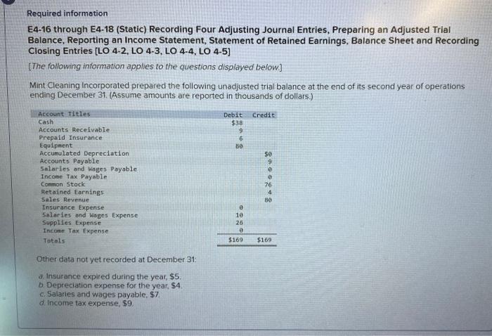 Required information E4-16 through E4-18 (Static) Recording Four Adjusting Journal Entries, Preparing