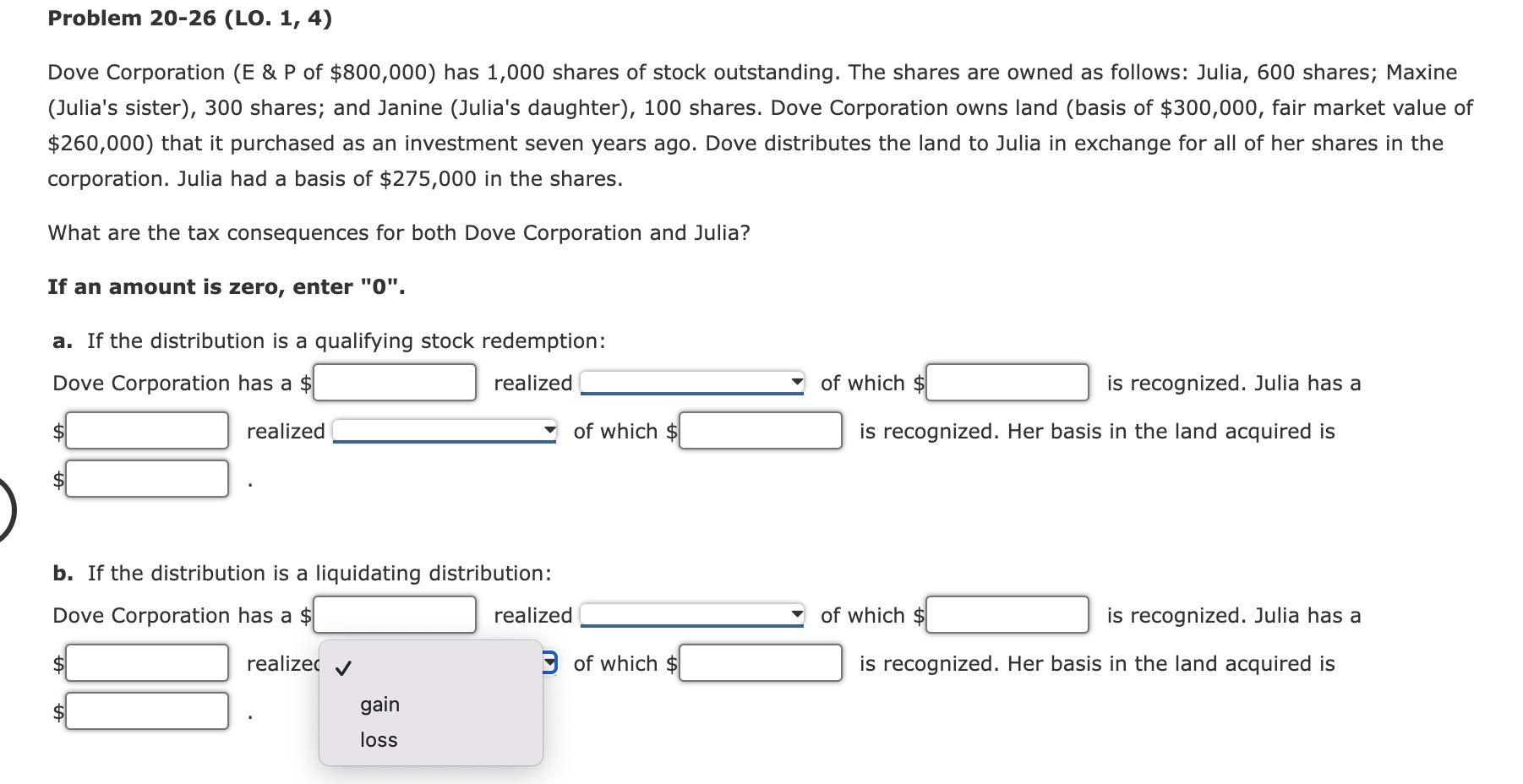 Problem 20-26 (LO. 1, 4) Dove Corporation (E & P of $800,000)