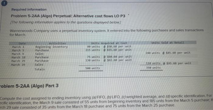 Required information Problem 5-2AA (Algo) Perpetual: Alternative cost flows LO P3 [The