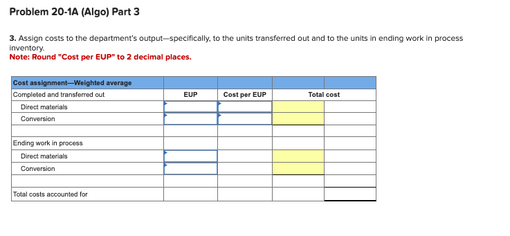 displayed below.] Victory Company uses weighted average process costing. The company has